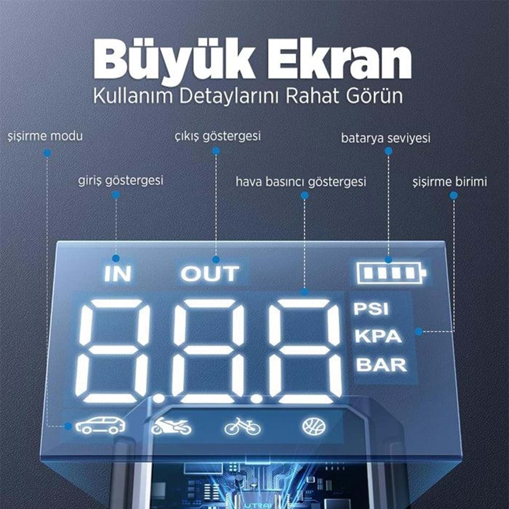 UTRAI JS-9 12-24V AKÜ ŞARJ POWERBANK LASTİK HAVA KOMPRESÖRÜ ŞİŞİRİCİ TAŞINABİLİR DİJİTAL KABLOSUZ EL FENERİ