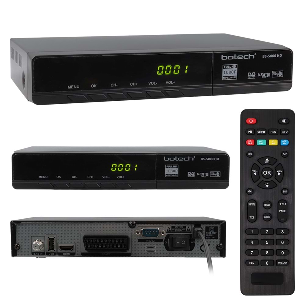 BOTECH BS-5000 1080P FULL HD HDMI + SCART + USB GİRİŞLİ METAL KASALI UYDU ALICI