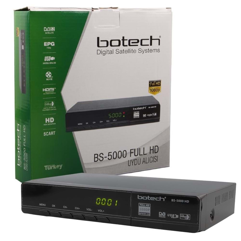 BOTECH BS-5000 1080P FULL HD HDMI + SCART + USB GİRİŞLİ METAL KASALI UYDU ALICI