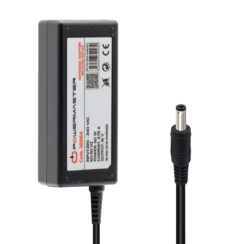 POWERMASTER 16 VOLT - 3.75 AMPER 5.5*3.0 İĞNELİ UÇ SAMSUNG NOTEBOOK ADAPTÖR