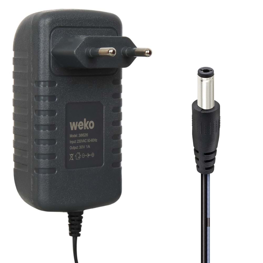 WEKO 30 VOLT - 1 AMPER 5.5*2.5 UÇLU KIRMIZI YEŞİL LEDLİ YERLİ ÜRETİM PRİZ TİPİ ŞARJ ADAPTÖRÜ