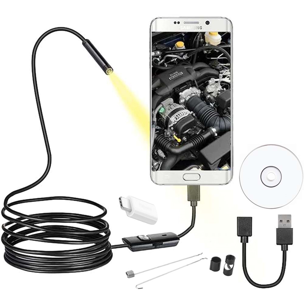 POWERMASTER 3IN1 MICRO USB+TYPE-C+USB A) ANDROID UYUMLU 8 MM IŞIKLI 5 METRE ENDOSKOP YILAN KAMERA