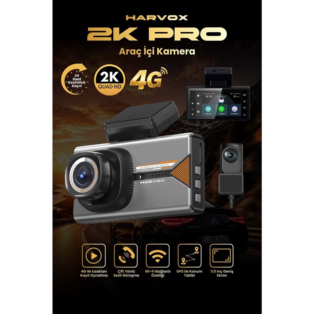 Harvox 2KPRO Araç Içi Kamera 2k Hd Görüntü Wifi Gps Özellikli Sim Kart Destekli Gece Görüşlü G-Sensör Araç Kamerası