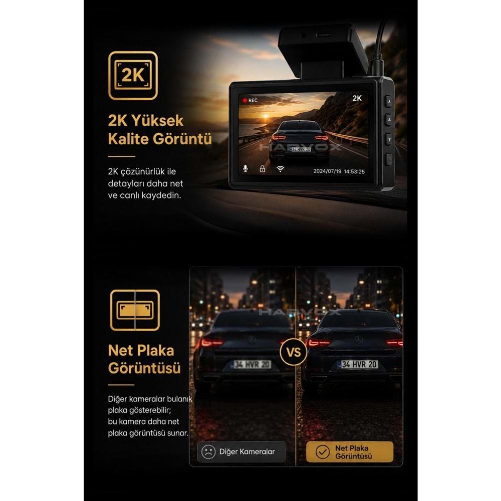 Harvox 2KPRO Araç Içi Kamera 2k Hd Görüntü Wifi Gps Özellikli Sim Kart Destekli Gece Görüşlü G-Sensör Araç Kamerası