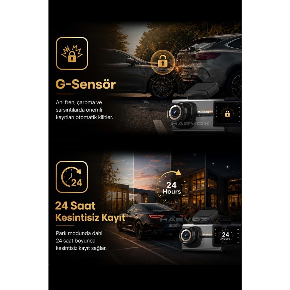 Harvox 2KPRO Araç Içi Kamera 2k Hd Görüntü Wifi Gps Özellikli Sim Kart Destekli Gece Görüşlü G-Sensör Araç Kamerası