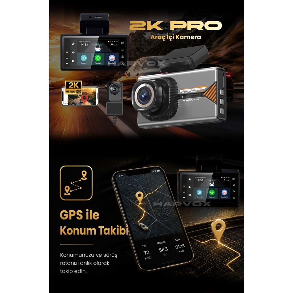 Harvox 2KPRO Araç Içi Kamera 2k Hd Görüntü Wifi Gps Özellikli Sim Kart Destekli Gece Görüşlü G-Sensör Araç Kamerası