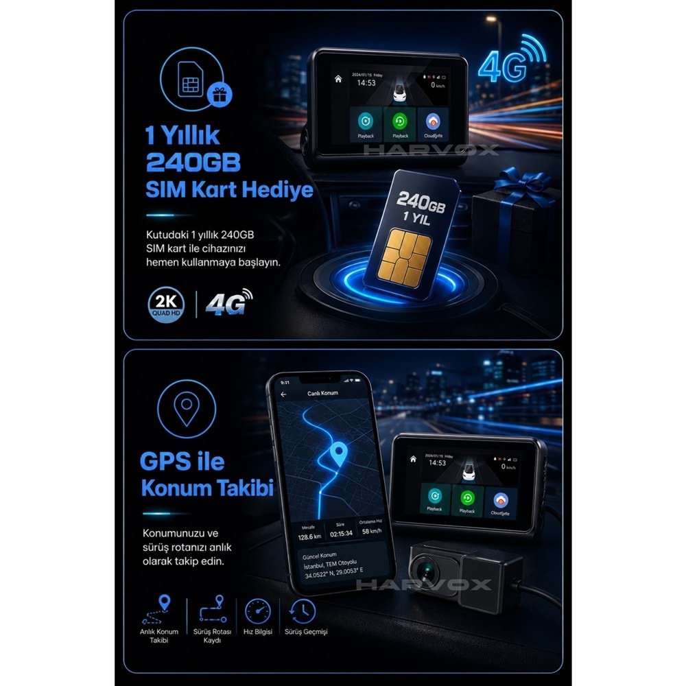 HARVOX 2kMAX Hd Görüntü Wifi Gps Özellikli Sim Kart Destekli Araç Kamerası