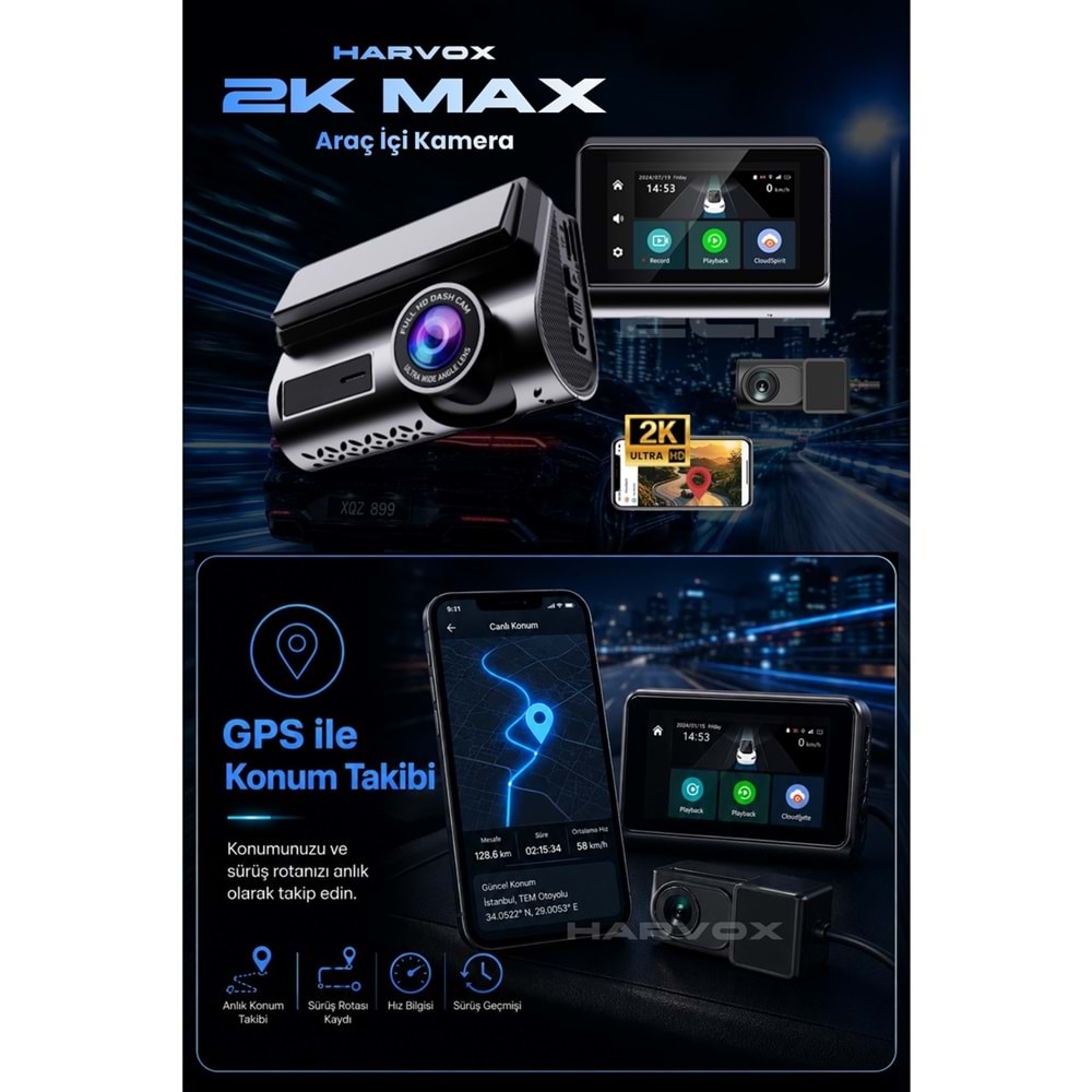 HARVOX 2kMAX Hd Görüntü Wifi Gps Özellikli Sim Kart Destekli Araç Kamerası