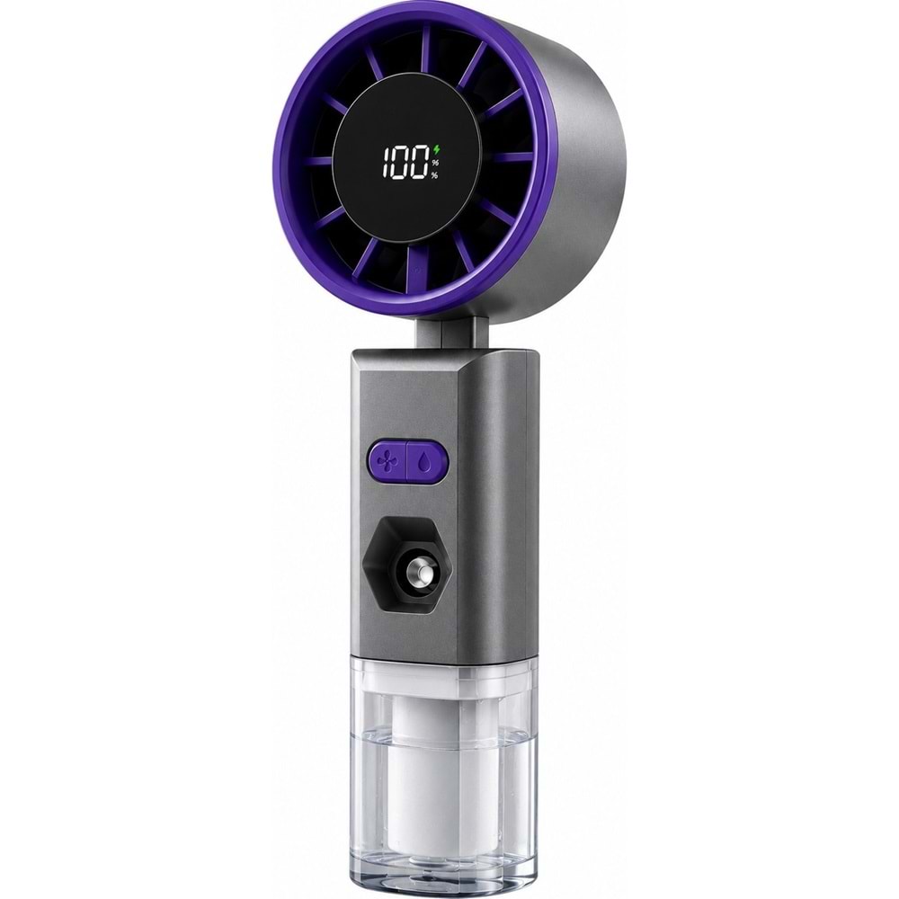 JY-02 100 Kademeli Şarjlı El Fanı Su Püskürtmeli Nemlendirmeli Fan Dijital Ekranlı Type-C Şarjlı Taşınabilir Mini Fan Kamp Seyahat İçin