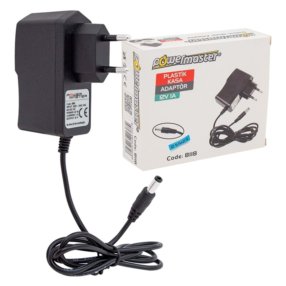 POWERMASTER PM-8118 12 VOLT - 1 AMPER PRİZ TİPİ PLASTİK ADAPTÖR 5.5*2.5 UÇ