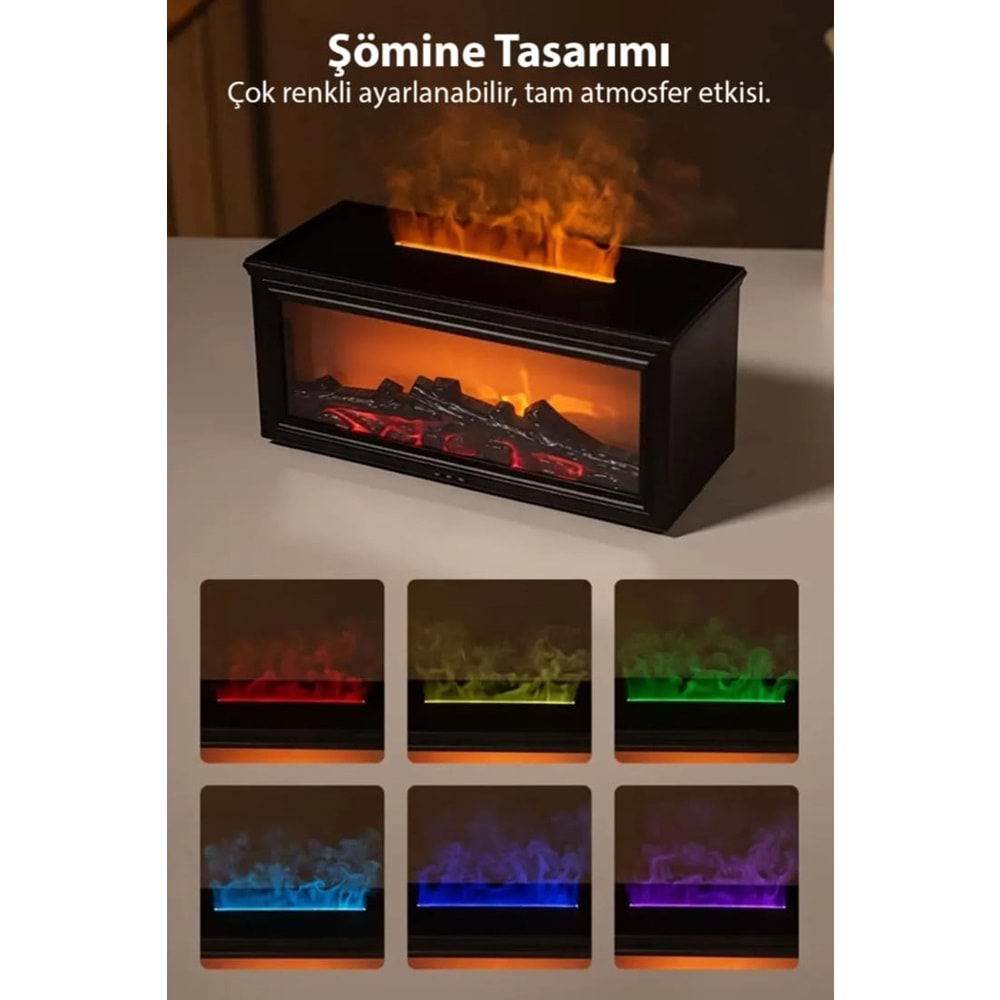 A4 Şömine Esintili Aromaterapi Difüzörü Ultrasonik Hava Nemlendici SİYAH
