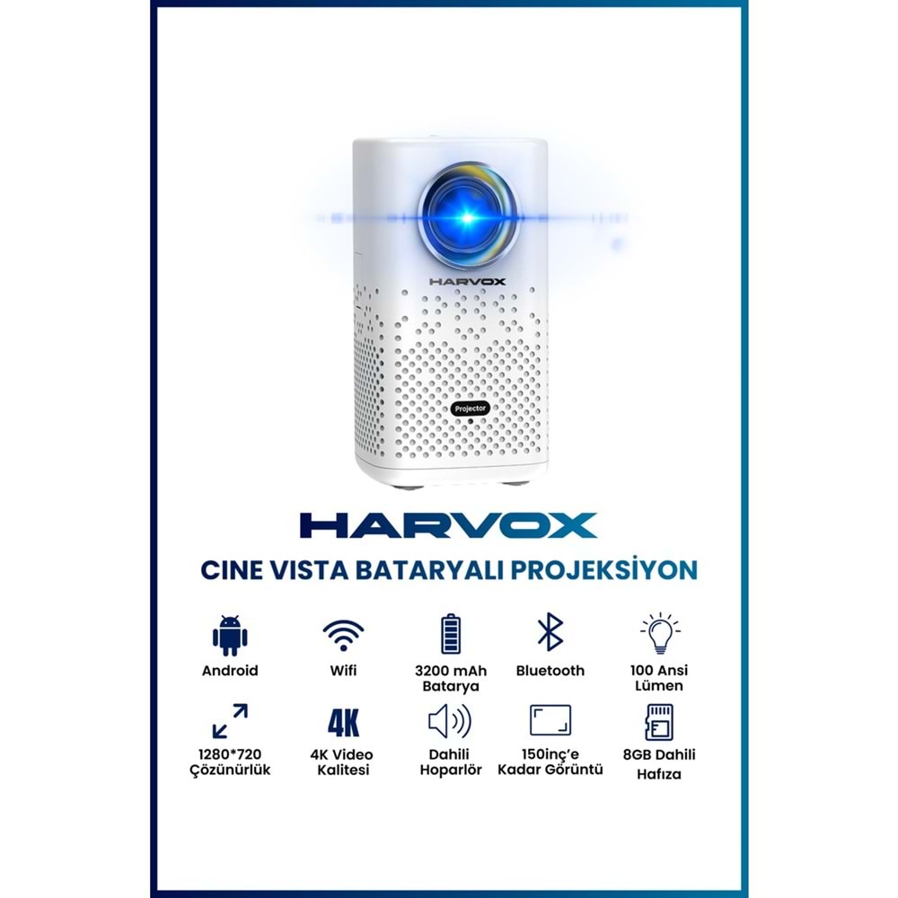 Harvox Cine Vista Bataryalı Projeksiyon Cihazı Taşınabilir 4K Destekli 1080P Android Sistemli Projektör