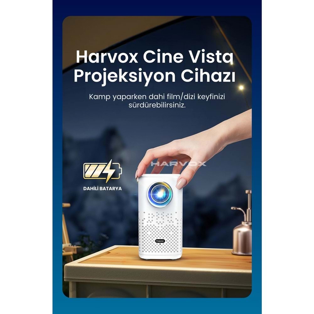 Harvox Cine Vista Bataryalı Projeksiyon Cihazı Taşınabilir 4K Destekli 1080P Android Sistemli Projektör