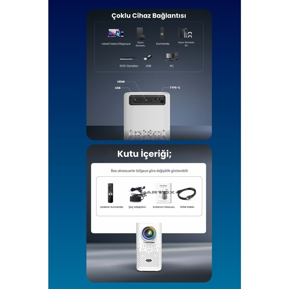 Harvox Cine Vista Bataryalı Projeksiyon Cihazı Taşınabilir 4K Destekli 1080P Android Sistemli Projektör