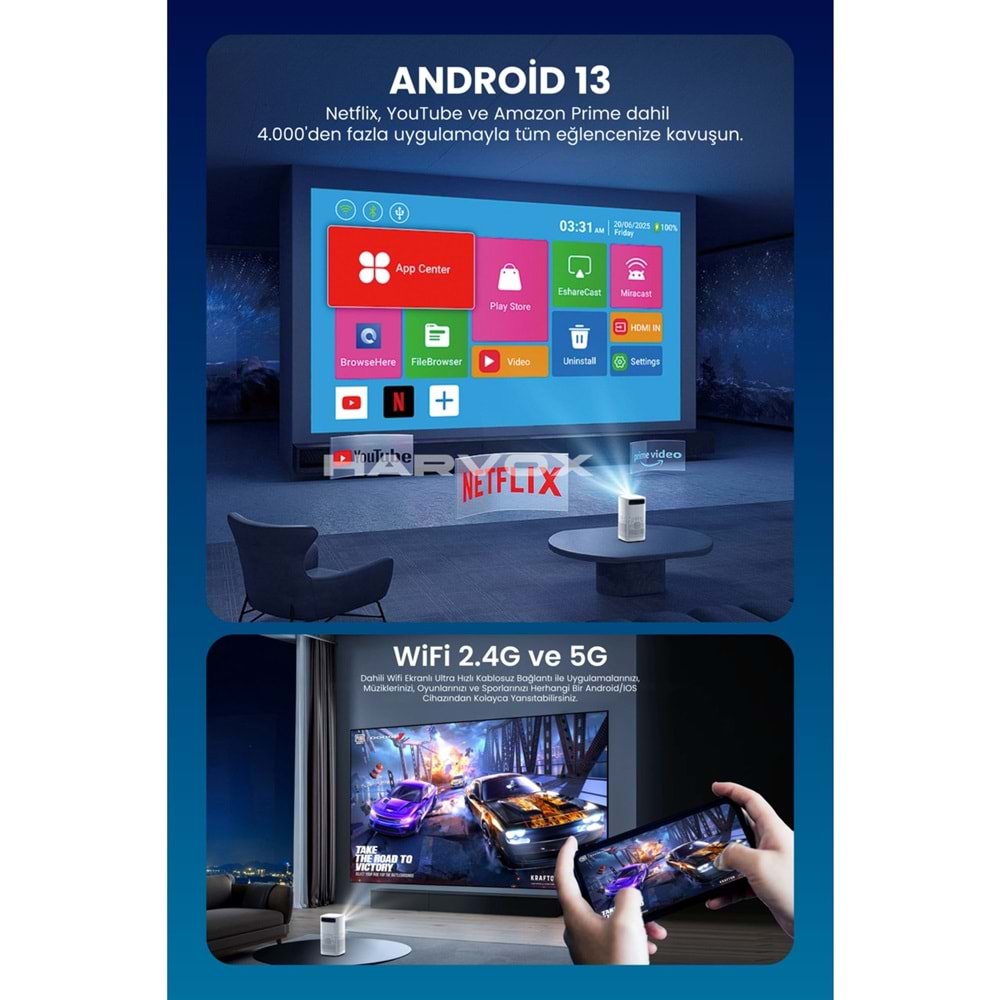 Harvox Cine Vista Bataryalı Projeksiyon Cihazı Taşınabilir 4K Destekli 1080P Android Sistemli Projektör