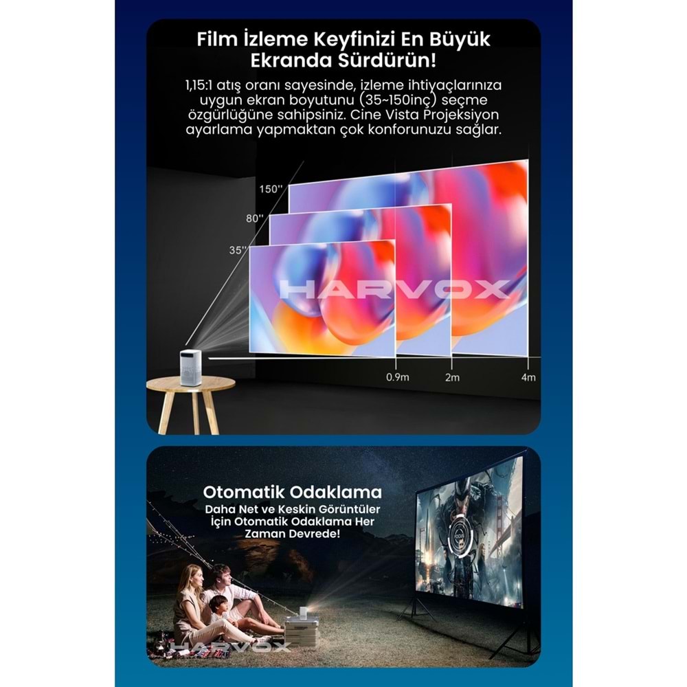Harvox Cine Vista Bataryalı Projeksiyon Cihazı Taşınabilir 4K Destekli 1080P Android Sistemli Projektör