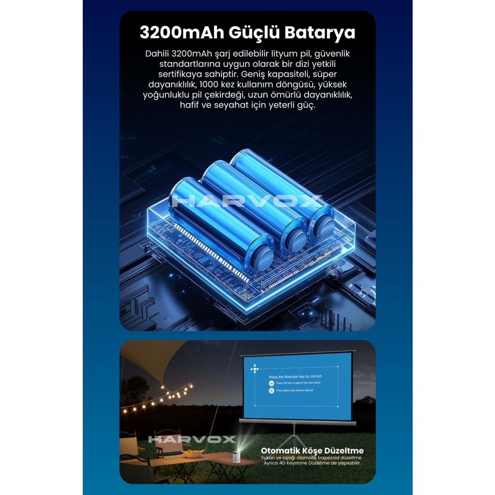 Harvox Cine Vista Bataryalı Projeksiyon Cihazı Taşınabilir 4K Destekli 1080P Android Sistemli Projektör