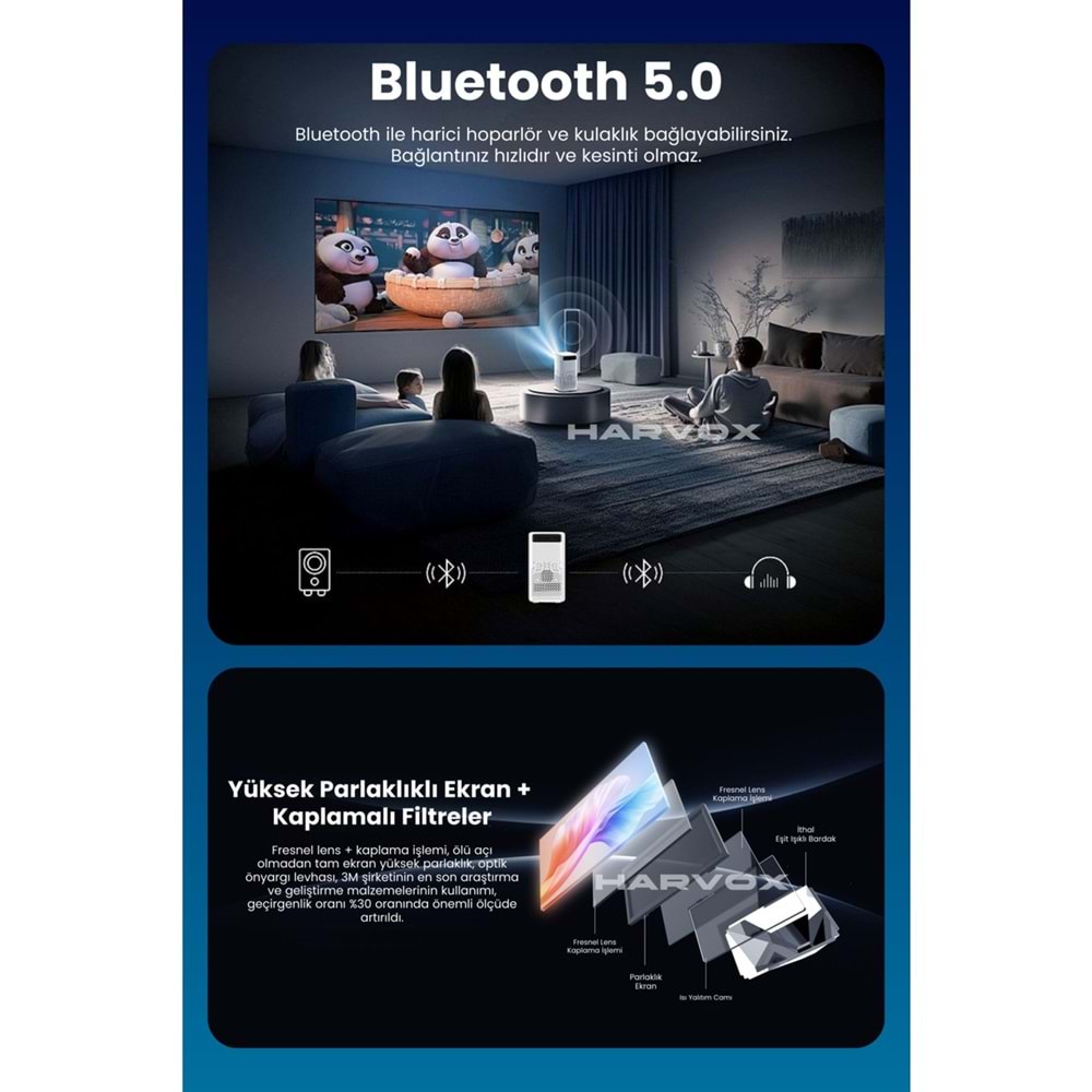 Harvox Cine Vista Bataryalı Projeksiyon Cihazı Taşınabilir 4K Destekli 1080P Android Sistemli Projektör