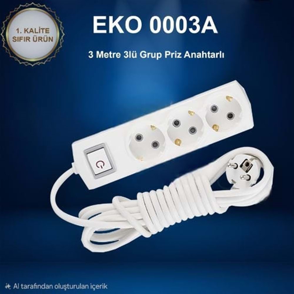 EKO 3LÜ GRUP PRİZ 3 METRE ANAHTARLI