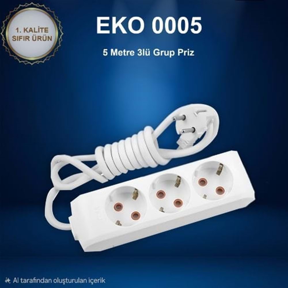 EKO GRUP 3'LÜ 5 METRE 16A 250V TOPRAKLI GRUP PRİZ