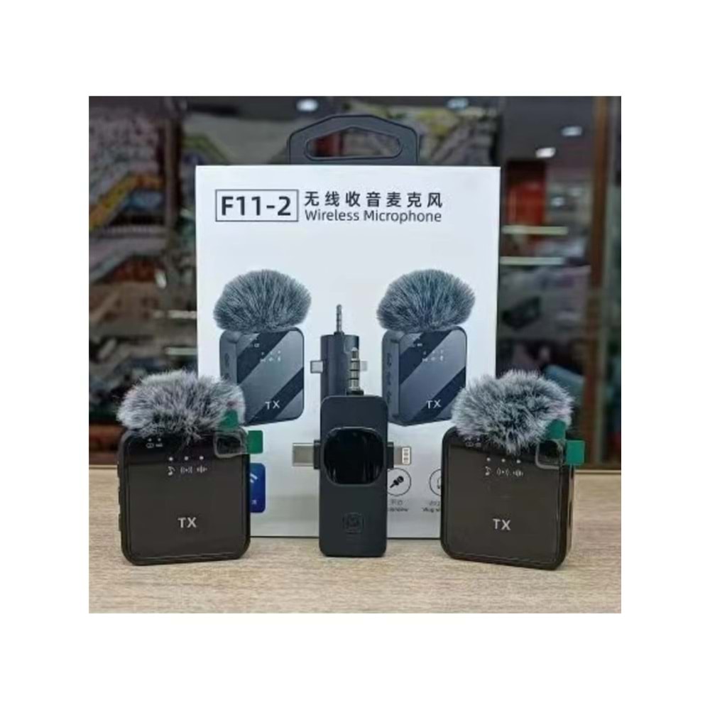 F11-2 Kablosuz Yaka Mini Mic Tak ve Çalıştır Canlı Yayın Vlog Kablosuz Yaka Çift Verici Mikrofon