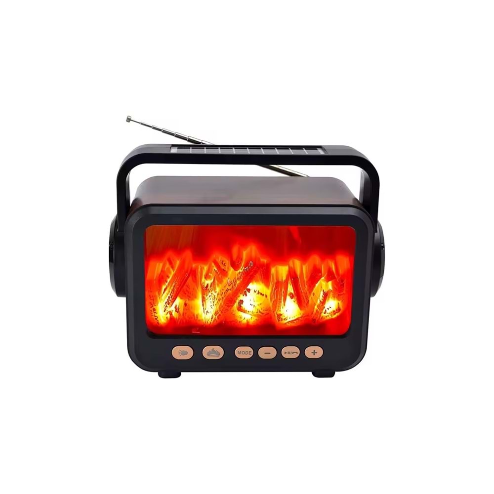 FP-337-S Solar Panelli Şömine Nostaljik Görünümlü Bluetoothlu ve Fenerli Mp3 Çalar Radyo Müzik Kutusu