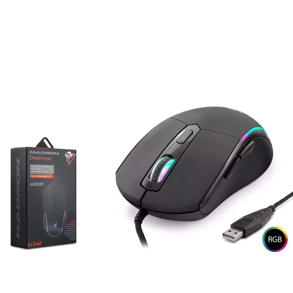HADRON DESTROYER G340 KABLOLU OYUNCU MOUSE RGB 6400 DPI 150CM SİYAH