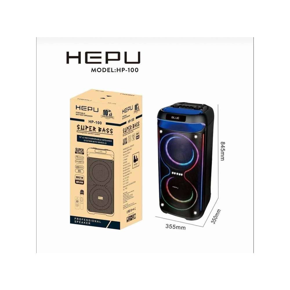 Hepu HP-100 2x10 inç 60W RMS Süper Bass Taşınabilir Bluetooth Hoparlör