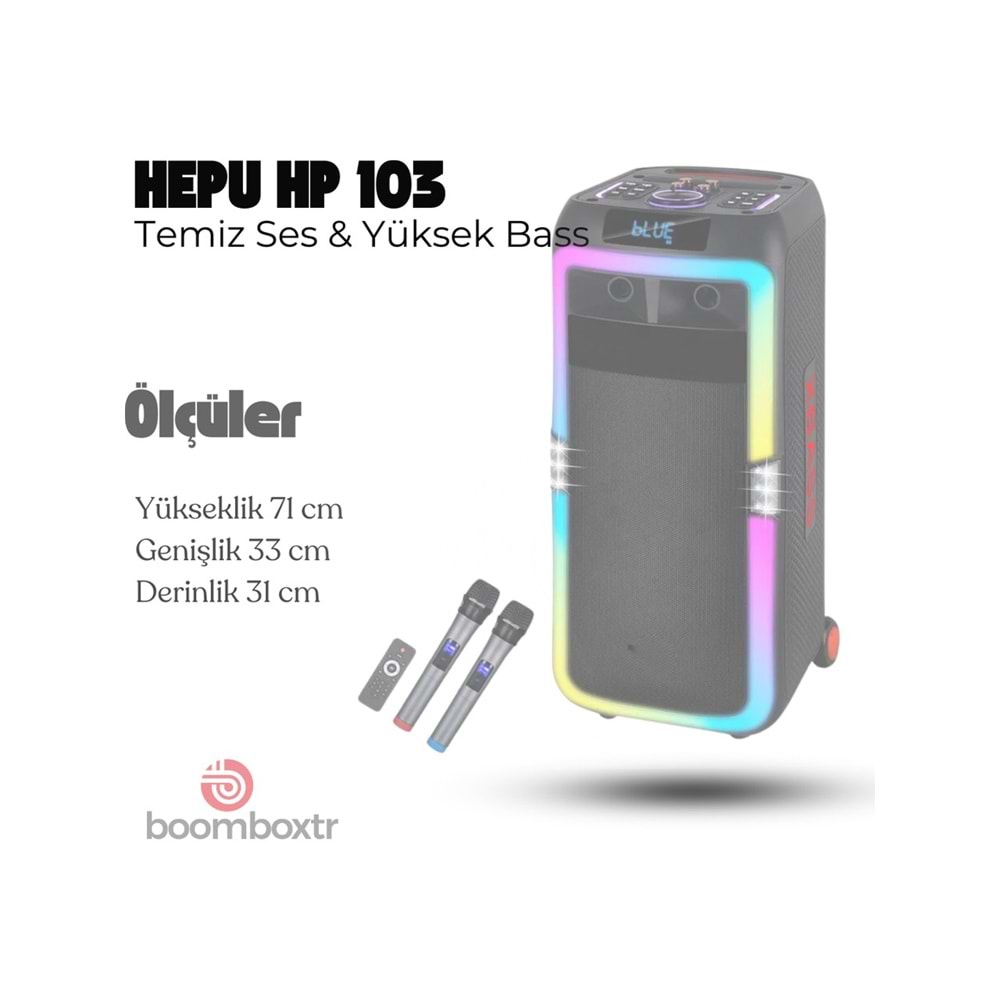HEPU Hp 103 Büyük Boy Taşınabilir Şarjlı Bluetooth Parti Hoparlörü 80 W Rms 2*8 Inc Woofer