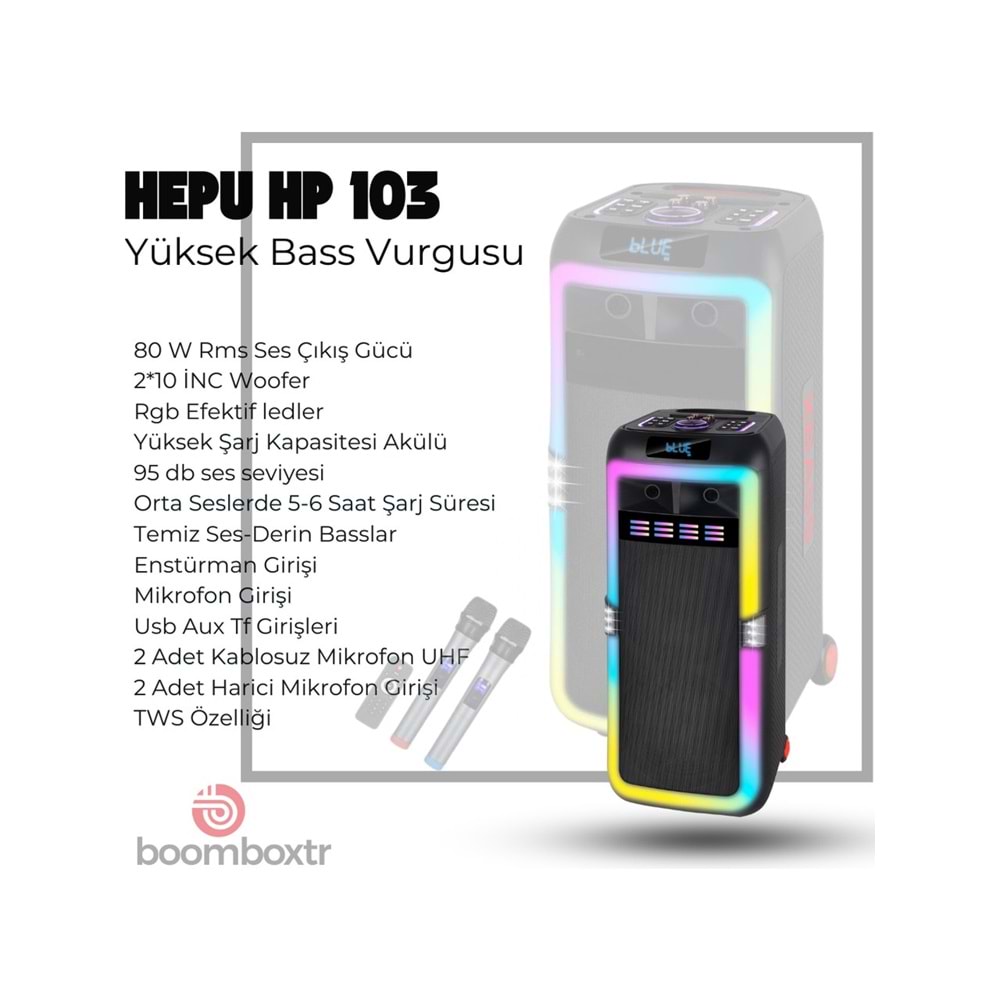 HEPU Hp 103 Büyük Boy Taşınabilir Şarjlı Bluetooth Parti Hoparlörü 80 W Rms 2*8 Inc Woofer