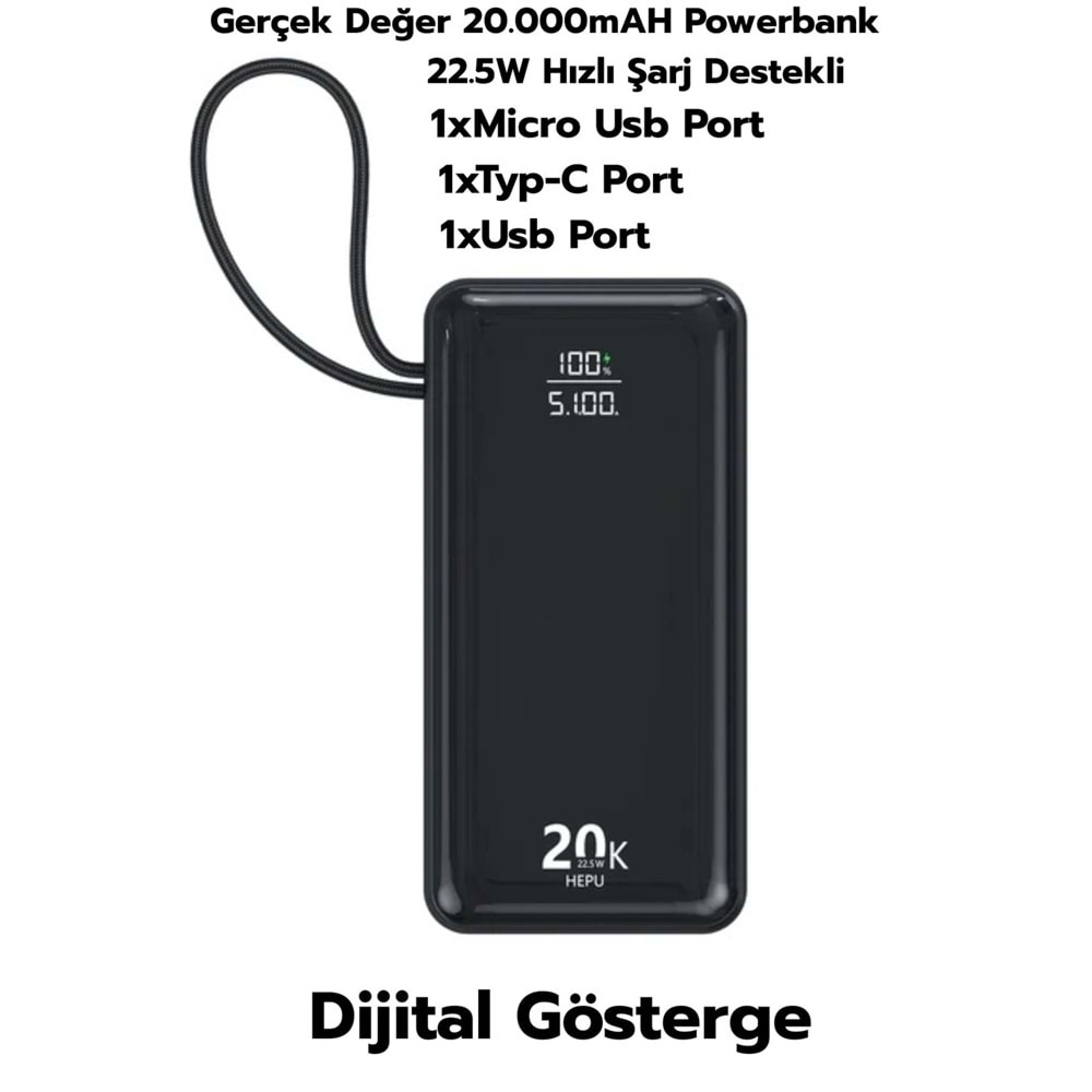 Hepu Hp-252 20.000mAh 22.5W Siyah LCD 1xMicro 1xTyp-C 1xUsb Port Taşınabilir Şarj Cihazı Powerbank