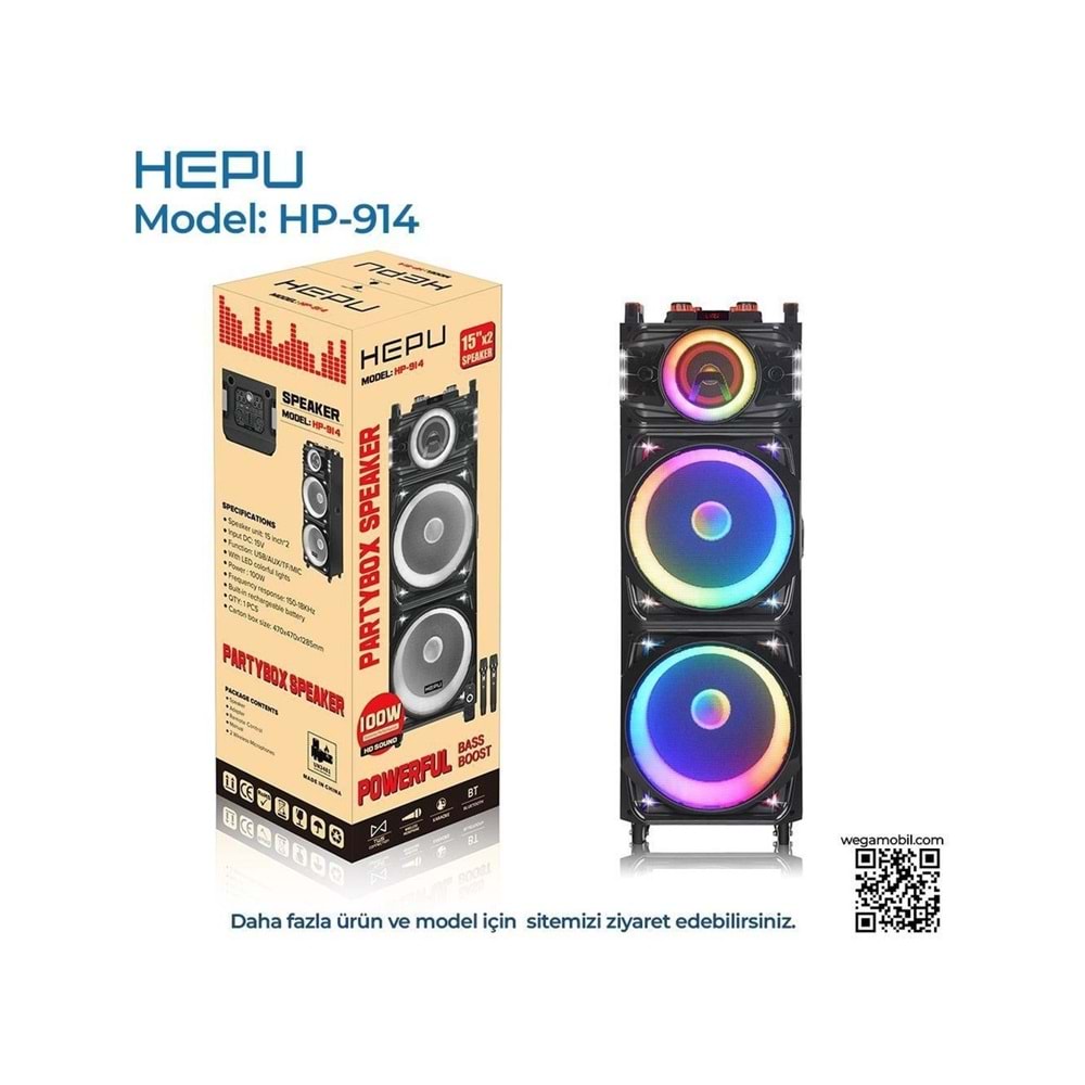 Hepu HP 914 Taşınabilir Bluetooth Parti Hoparlörü 100 W Rms 2* 15 inch Subwoofer Rgb Efektif Işıklandırma