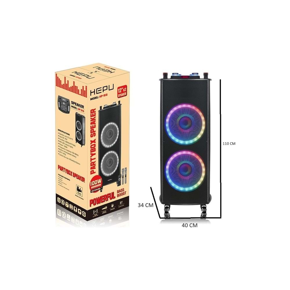 HEPU HP 916 Taşınabilir Şarjlı Bluetooth Büyük Boy Parti Hoparlörü 100w Rms 2*12 inc Woofer
