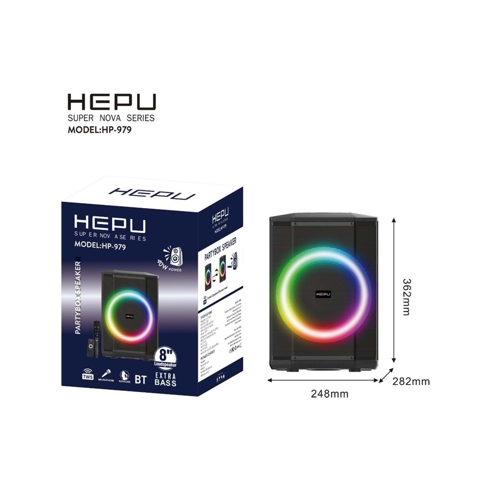HEPU HP-979 Partybox Bluetooth Hoparlör – 8” Hoparlör, 40W Güç, RGB Işık, TWS Destekli
