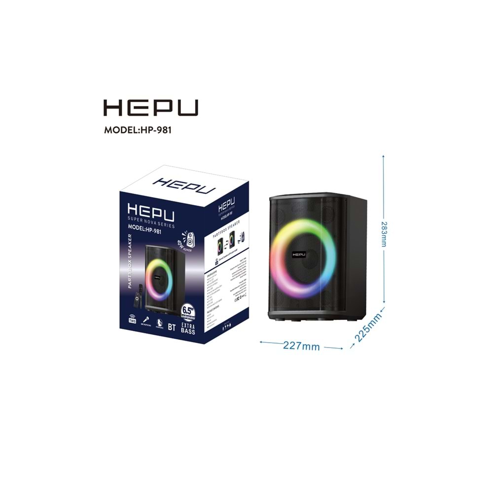 HEPU HP-981 Partybox Bluetooth Hoparlör – 6.5” Hoparlör, 40W Güç, RGB Işık, TWS Destekli