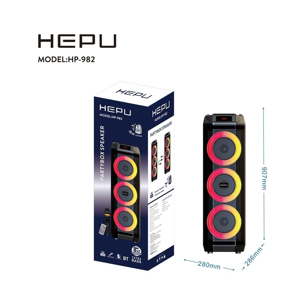 Hepu HP-982 Partybox Bluetooth Hoparlör – 3×8” Hoparlör, 30W Güç, Rgb Işık, Tws Destekli