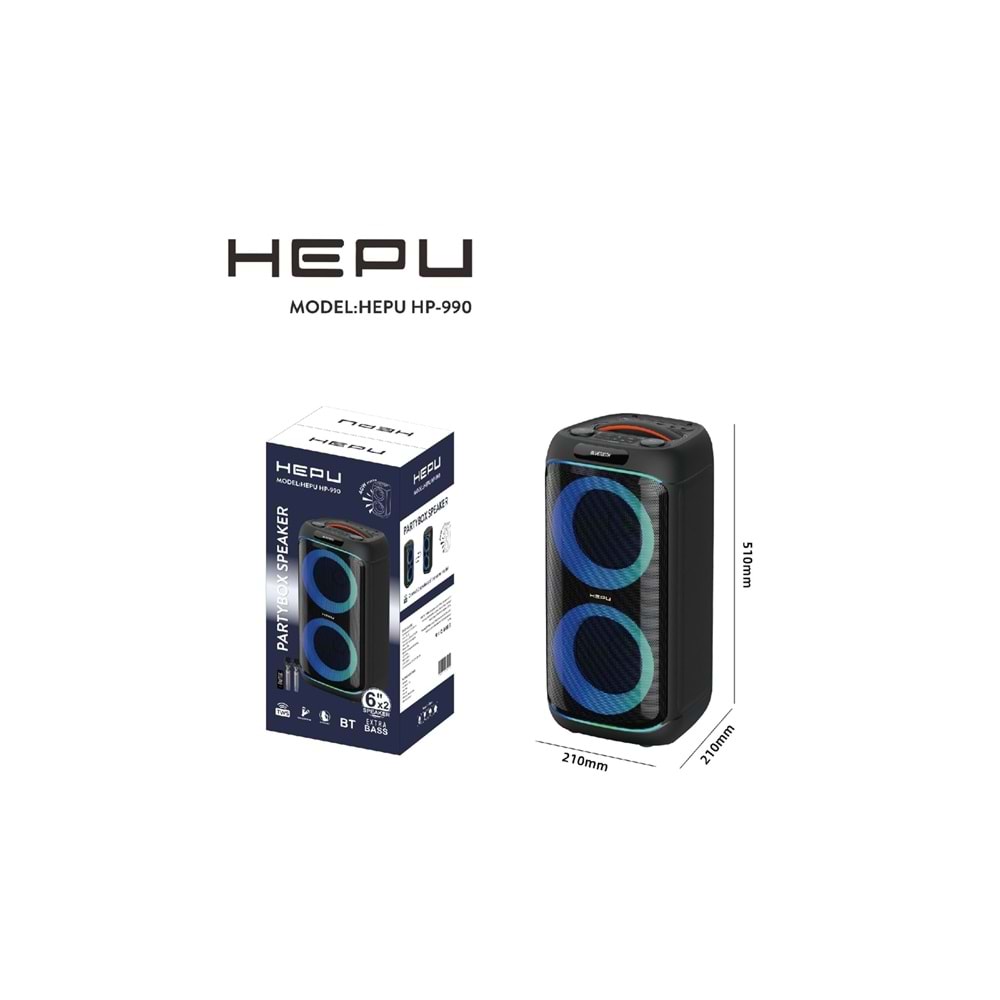 HEPU HP-990 Partybox Bluetooth Hoparlör – 2×6” Hoparlör, 40W Güç, RGB Işık, TWS Destekli