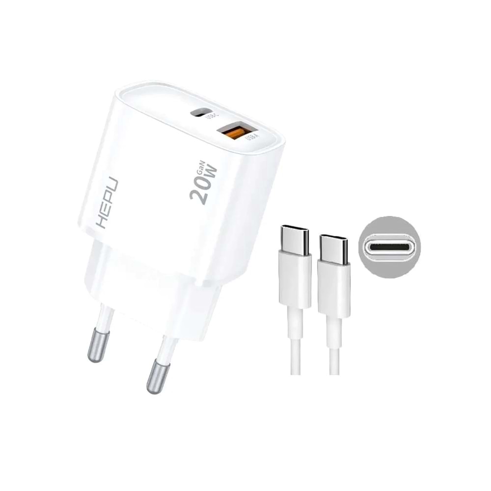 Hepu 20W GAN Pd Girişli 3.0 Qualcomm Hızlı Şarj Aleti Type-C Kablo Çift Çıkışlı Fast Charger Samsung Huawei Xiaomi Uyumlu HP-C29