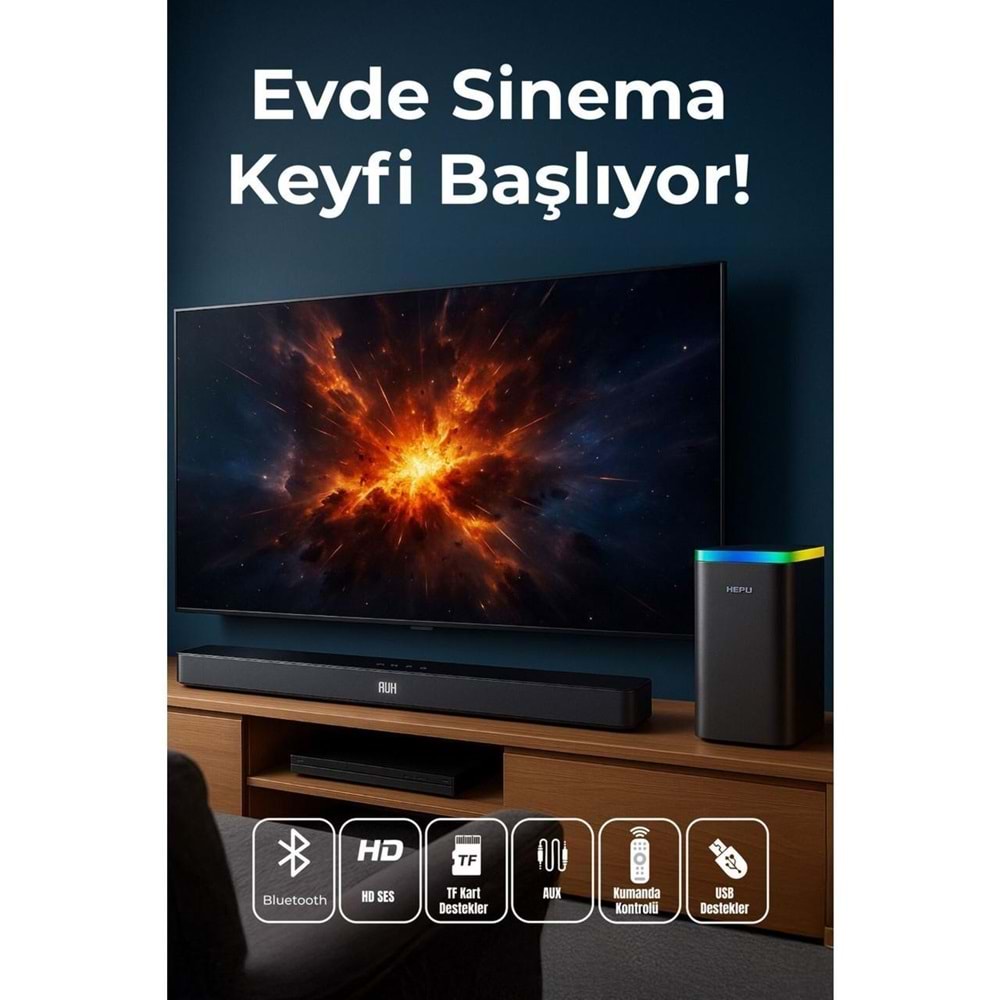 HEPU HP-TV06 Soundbar Kablosuz Ev Sinema Sistemi Stereo Hd Ses Kalitesi 100 Watt Amfi 80 Watt Soundbar Bt