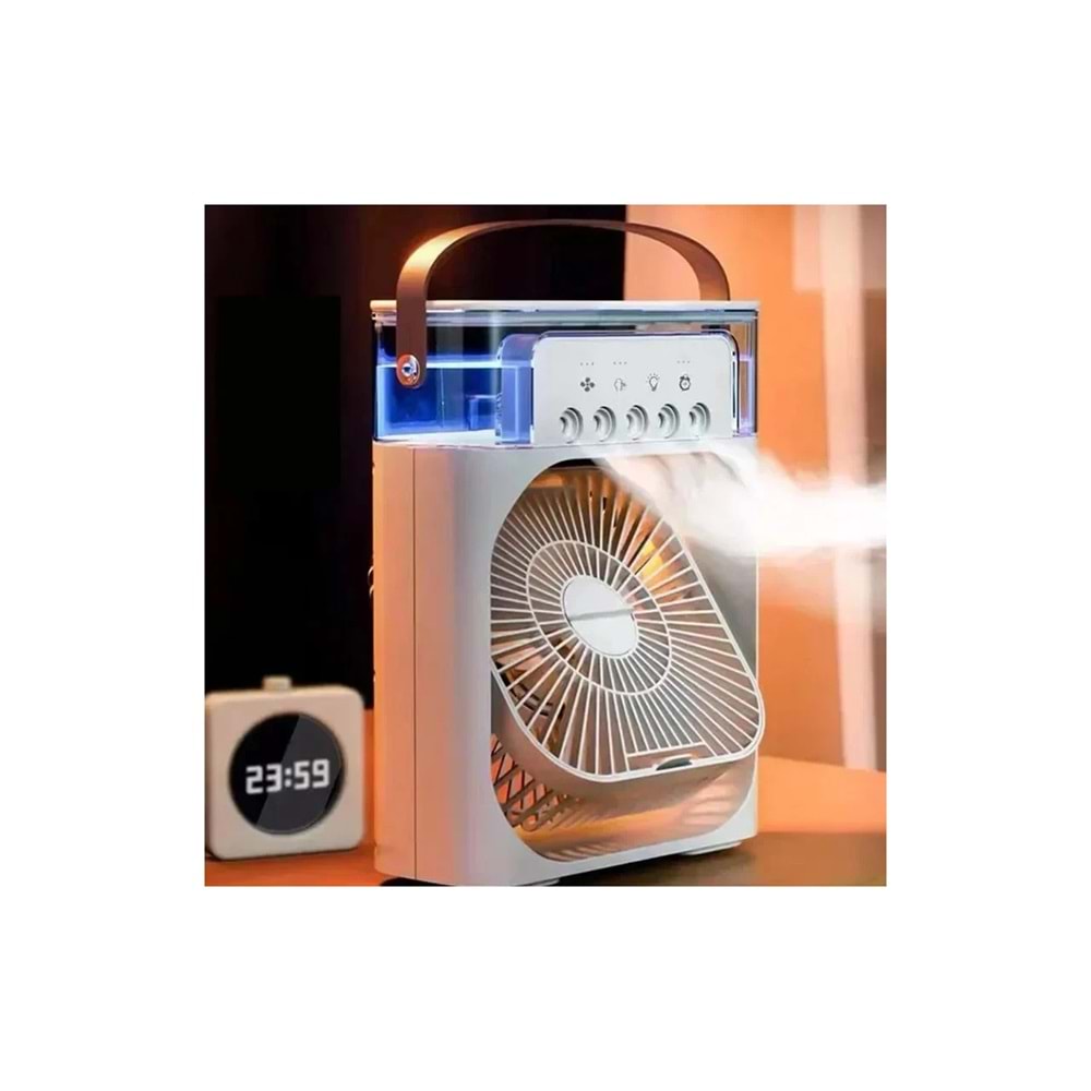 Buharlı Hava Soğutucu, Taşınabilir Hortumsuz Portatif Klima, Mobil Sulu Klima, 3 Rüzgar Hızı, 3 Sis Modu, Taşınabilir Buzlu Vantilatör 5 Sprey Delikli ile Renkli LED Işıklı HR025 Beyaz Renk
