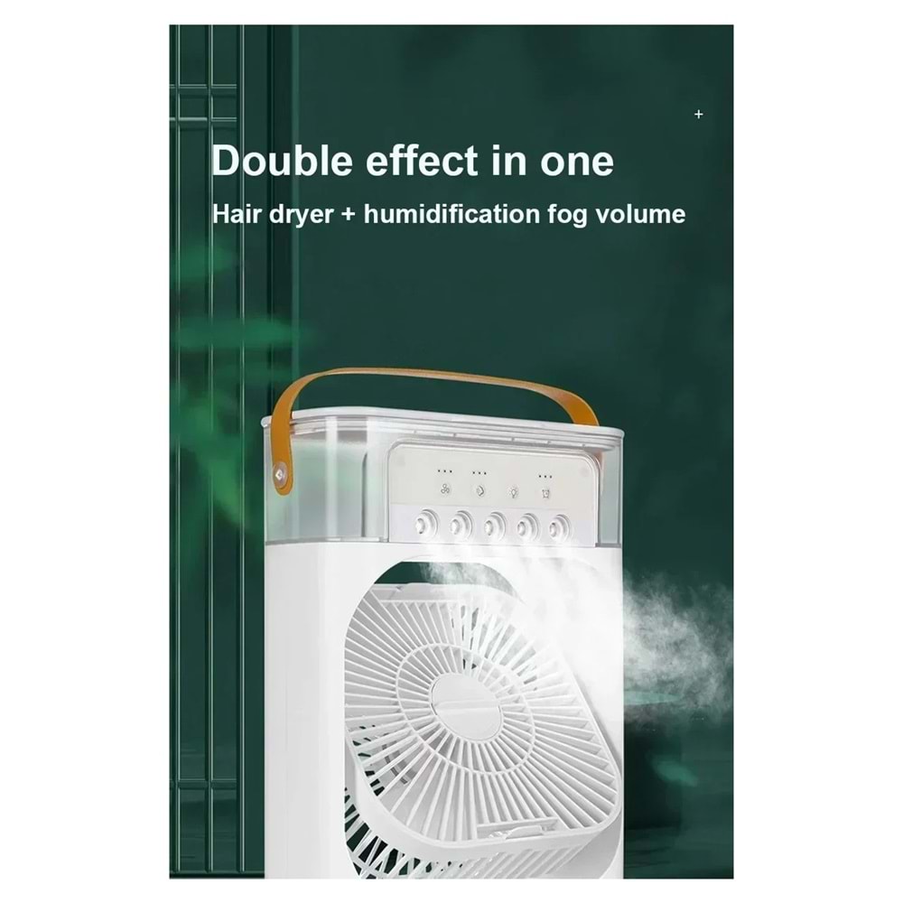 Buharlı Hava Soğutucu, Taşınabilir Hortumsuz Portatif Klima, Mobil Sulu Klima, 3 Rüzgar Hızı, 3 Sis Modu, Taşınabilir Buzlu Vantilatör 5 Sprey Delikli ile Renkli LED Işıklı HR025 Beyaz Renk