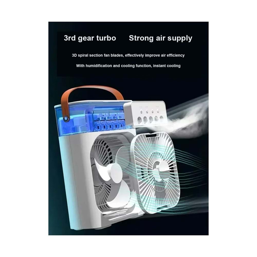 Buharlı Hava Soğutucu, Taşınabilir Hortumsuz Portatif Klima, Mobil Sulu Klima, 3 Rüzgar Hızı, 3 Sis Modu, Taşınabilir Buzlu Vantilatör 5 Sprey Delikli ile Renkli LED Işıklı HR025 Beyaz Renk
