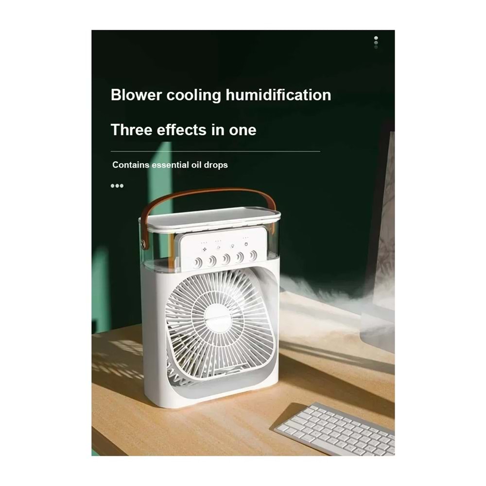 Buharlı Hava Soğutucu, Taşınabilir Hortumsuz Portatif Klima, Mobil Sulu Klima, 3 Rüzgar Hızı, 3 Sis Modu, Taşınabilir Buzlu Vantilatör 5 Sprey Delikli ile Renkli LED Işıklı HR025 Beyaz Renk