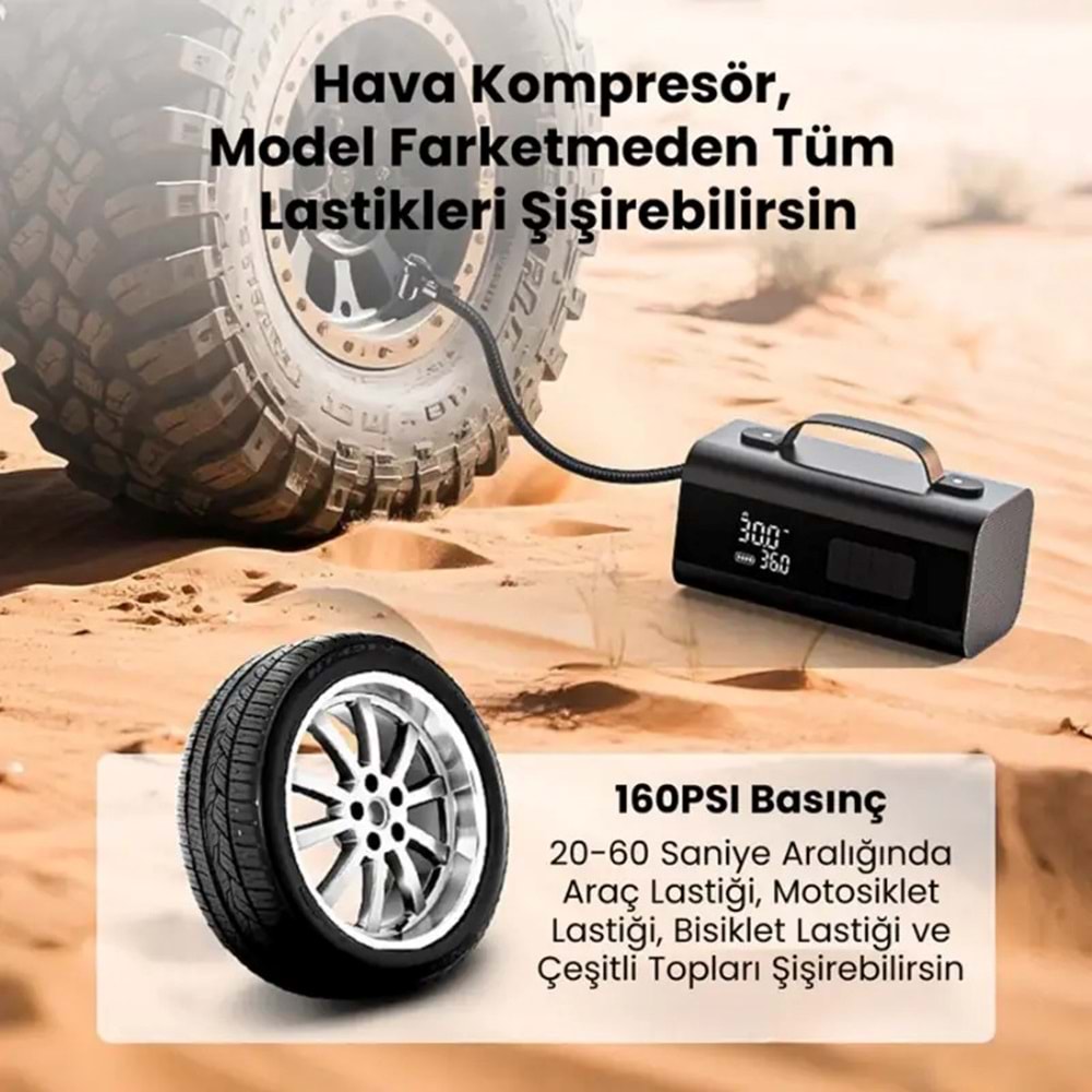 Harvox HX-JS001 10-In-1 Araç Jump Starter – 12000MAH Powerbank, Lastik Şişirme Pompası, Acil Marş Basma ve Akü Takviye Cihazı