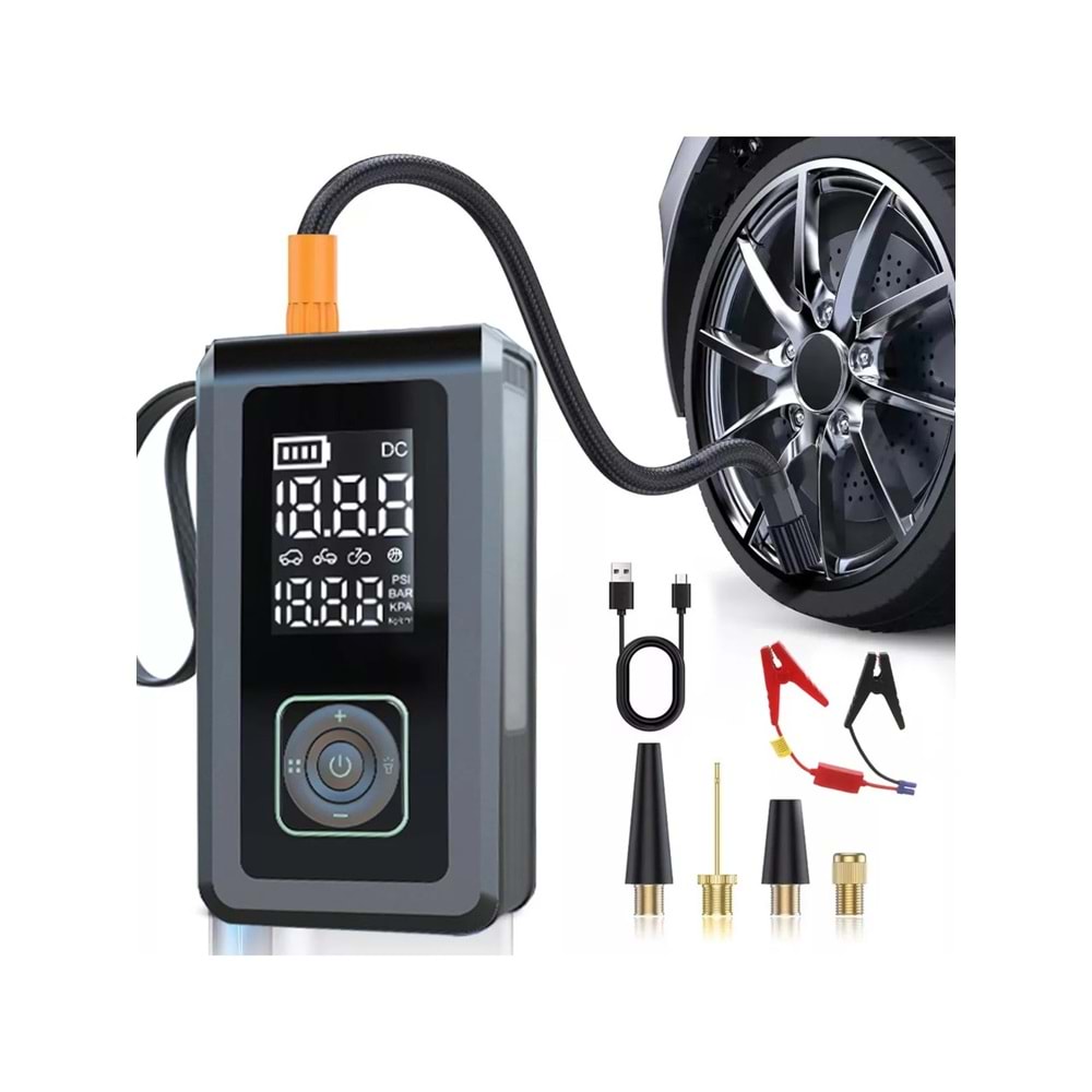 HX-JS002 Şarjlı Pompa, Akü Takviyesi, Fener, Powerbank Özellikli, Taşınabilir Kompresör, Araç Pompası