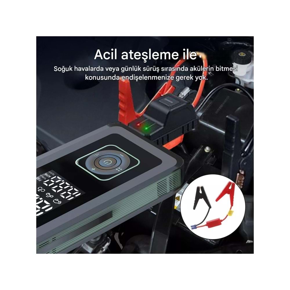 HX-JS002 Şarjlı Pompa, Akü Takviyesi, Fener, Powerbank Özellikli, Taşınabilir Kompresör, Araç Pompası