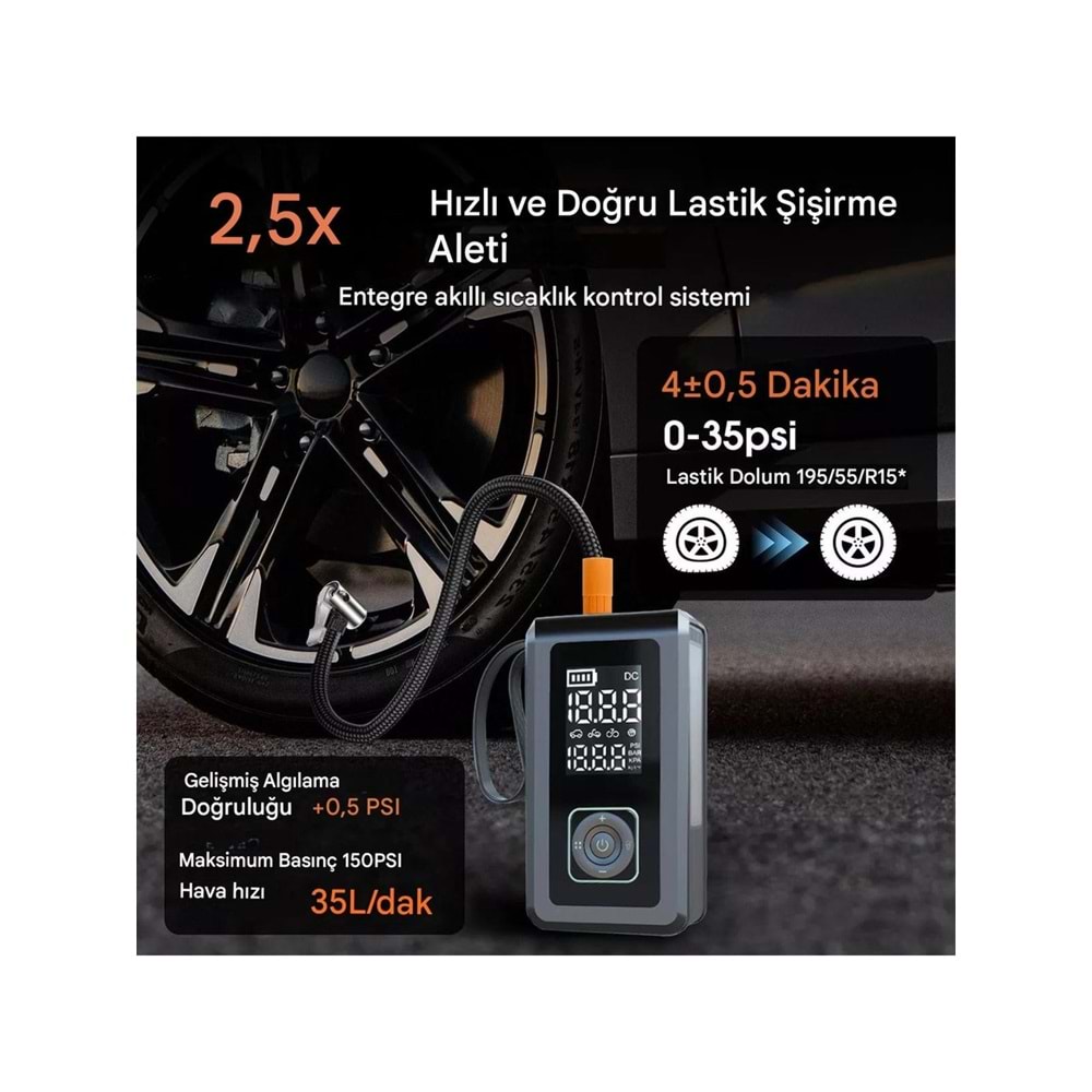 HX-JS002 Şarjlı Pompa, Akü Takviyesi, Fener, Powerbank Özellikli, Taşınabilir Kompresör, Araç Pompası