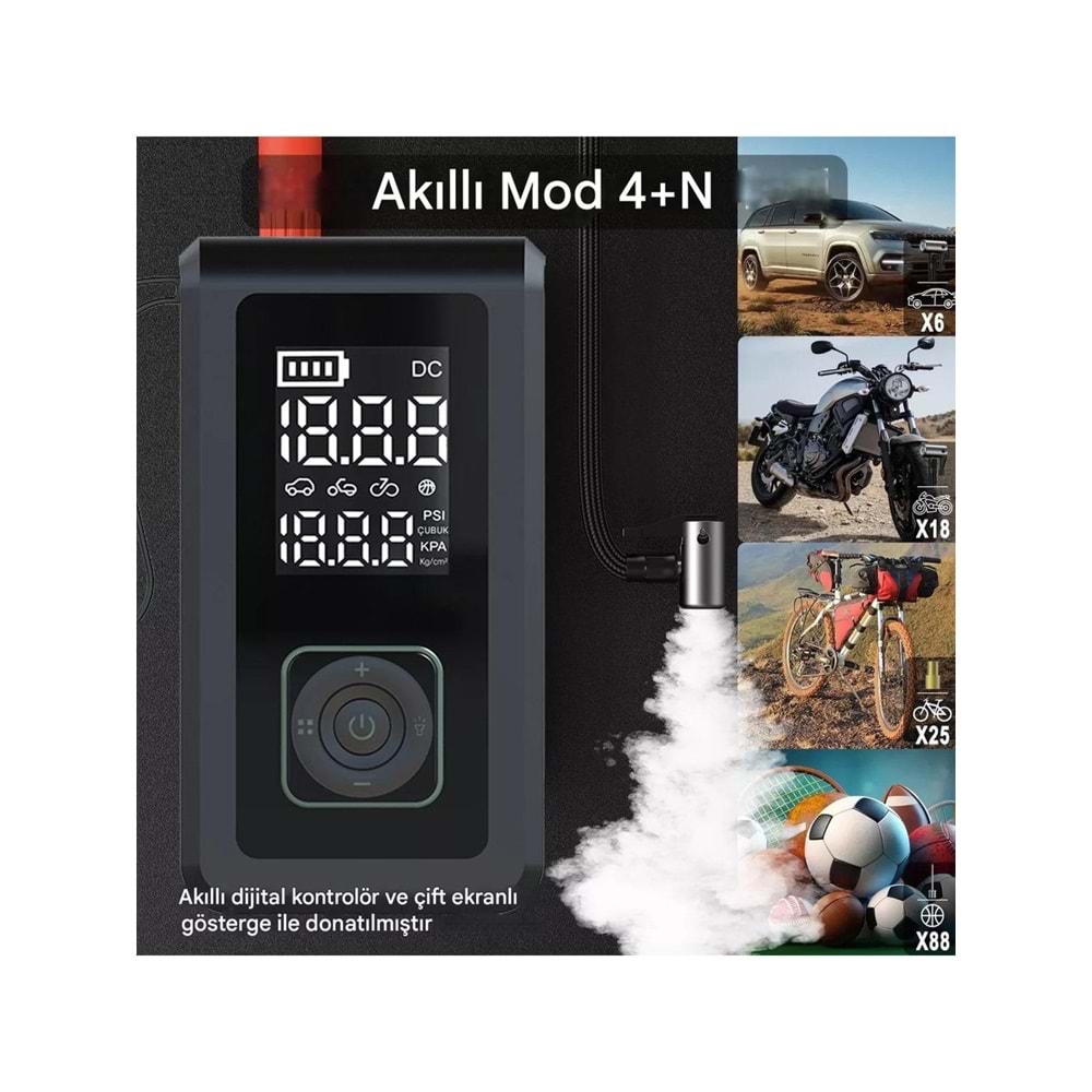 HX-JS002 Şarjlı Pompa, Akü Takviyesi, Fener, Powerbank Özellikli, Taşınabilir Kompresör, Araç Pompası