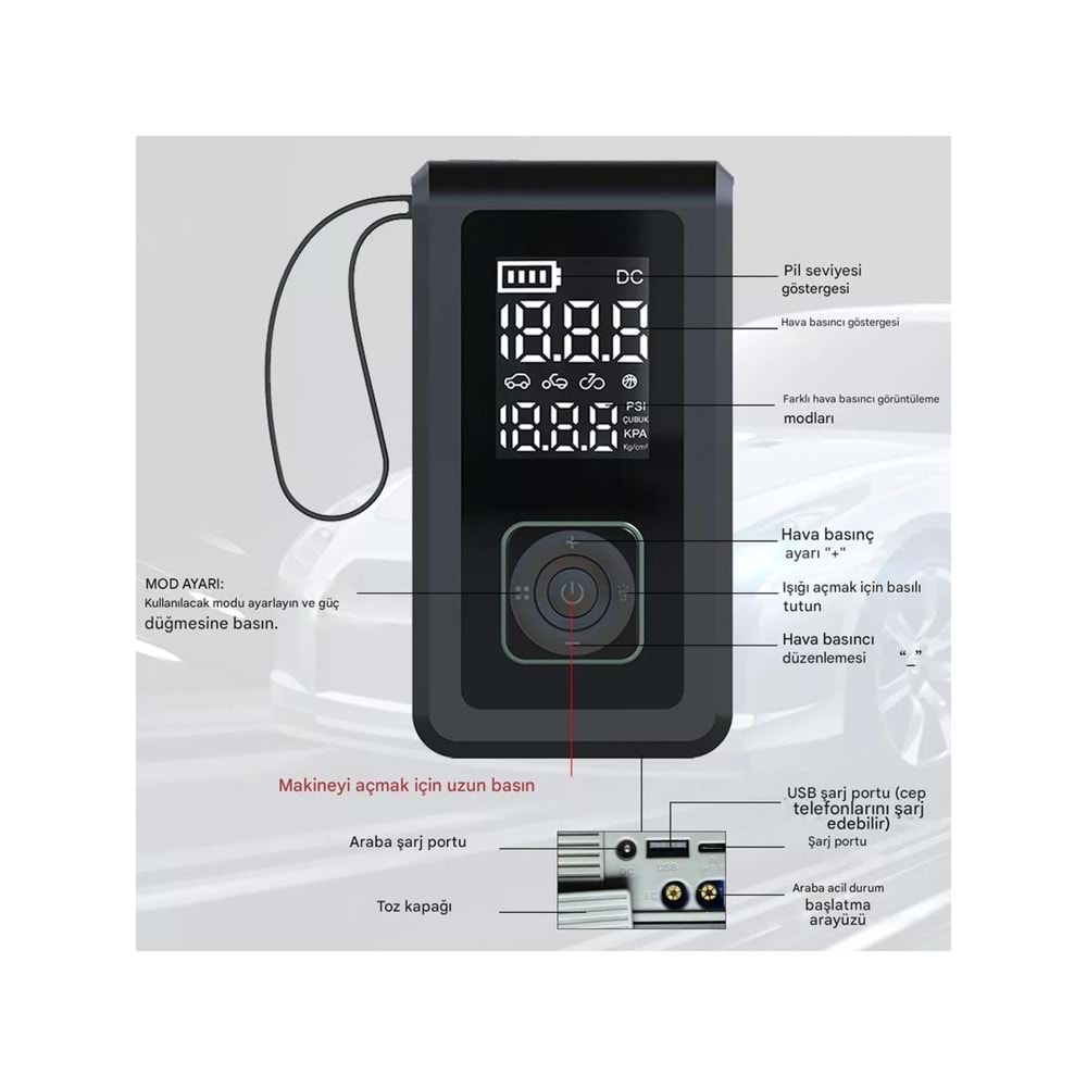 HX-JS002 Şarjlı Pompa, Akü Takviyesi, Fener, Powerbank Özellikli, Taşınabilir Kompresör, Araç Pompası