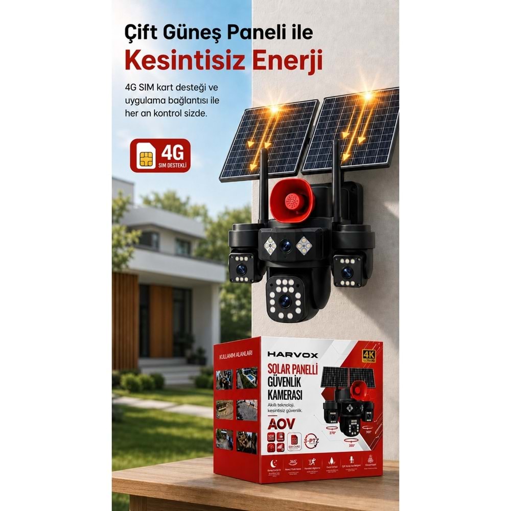 Harvox 3 Hareketli Kameralı Güneş Enerjili Solar Güvenlik Kamerası 4g Sim Kart Desteklii Gece Görüşlü Güneş Panelli Kamera